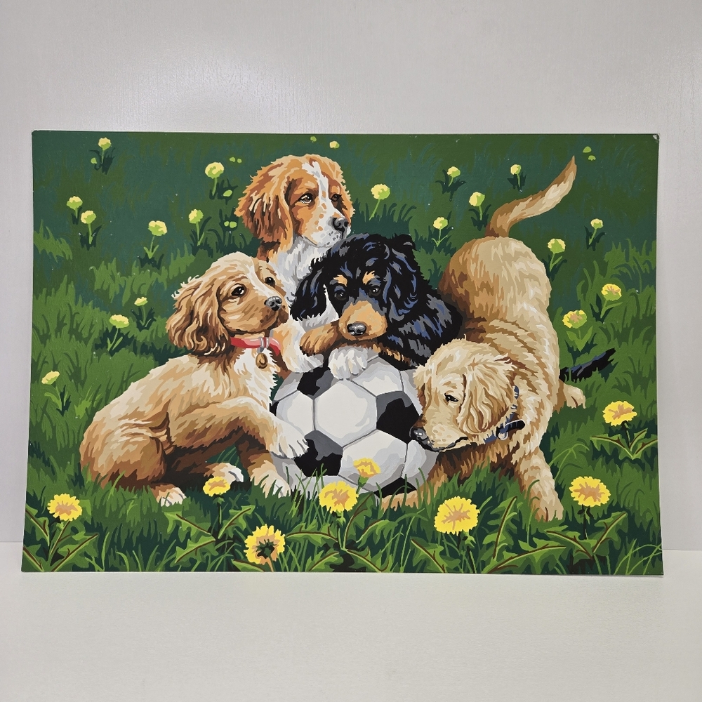 VTG Puppies and Soccer Paint By Number Finished Acrylic‎ Painting 14x20 Retriver